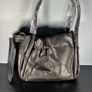 Trina Turk Black Pebbled Vegan Leather Shoulder / Tote Bag with Wallet